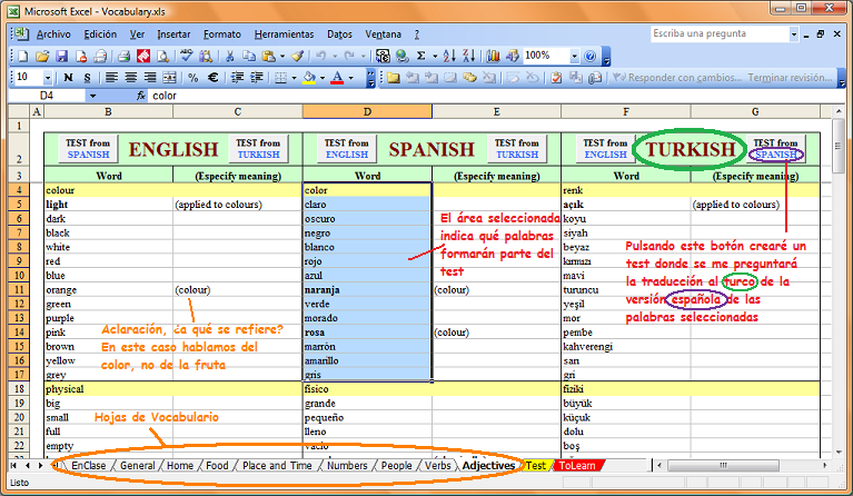 Imagen de una hoja de vocabulario